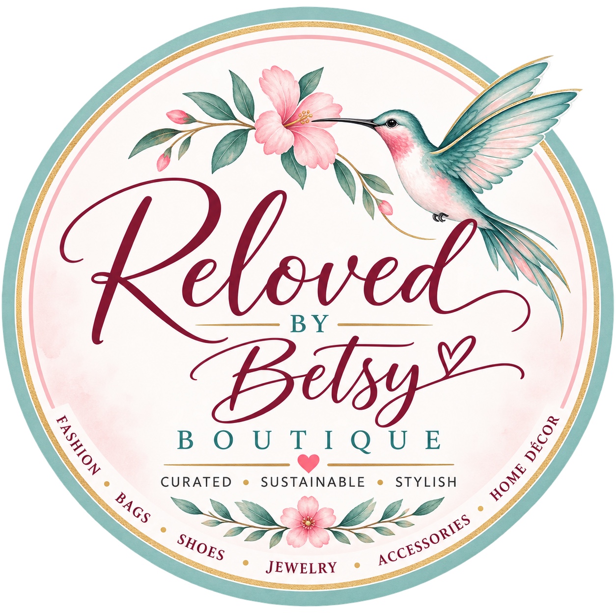 Reloved by Betsy Boutique medallion with a hummingbird, pink flowers, and category names